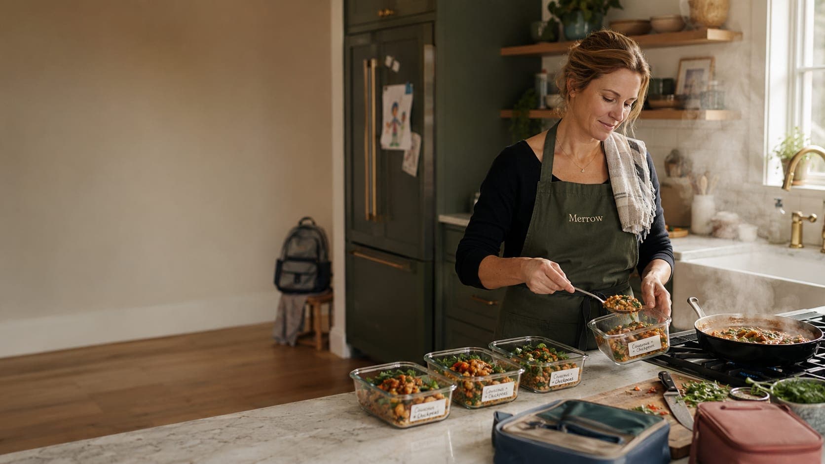 A real family kitchen — full fridge, kids' lunchboxes on the counter